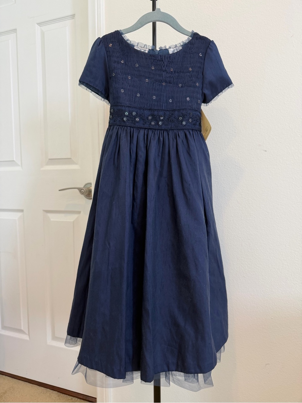 Laura Ashley Silk Navy Embroidered Tulle-Trim Party Dress